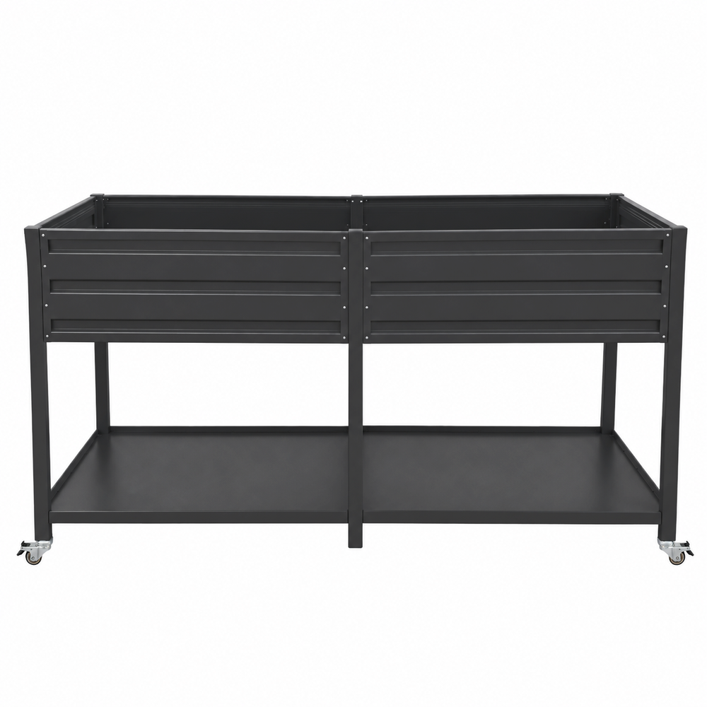 Dual Tier Elevated Metal Raised Garden Bed with Lockable Wheels & Lower Storage Shelf, Dark Gray Staggered Raised Planter Box for Vegetables Herbs Flowers, Outdoor Patio Backyard Raised Planting Bed Media 13