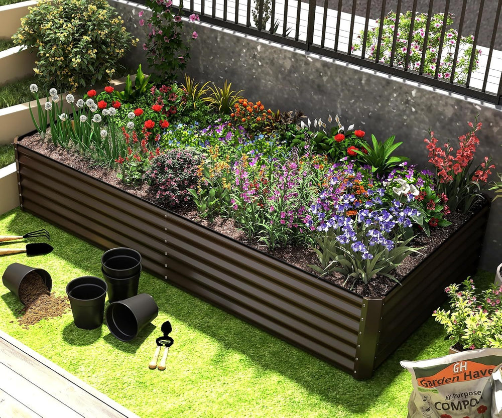 6x3x1.5ft Galvanized Raised Garden Bed, Outdoor Planter Garden Boxes Large Metal Planter Box for Gardening Vegetables Fruits Flowers, Brown Media 3
