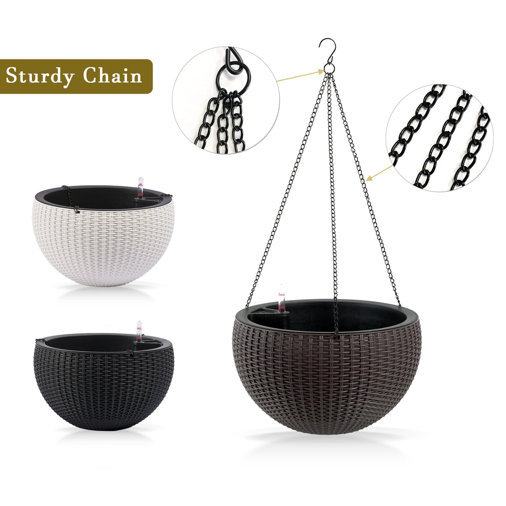 13.4 inch Self-Watering Hanging Rattan-Inspired Planter Large Capacity, Root-Rot Resistant Water Storage with Water Level Indicator, Dual-Use for Indoor & Balcony Decoration (Pack of 2, Brown) Media 7