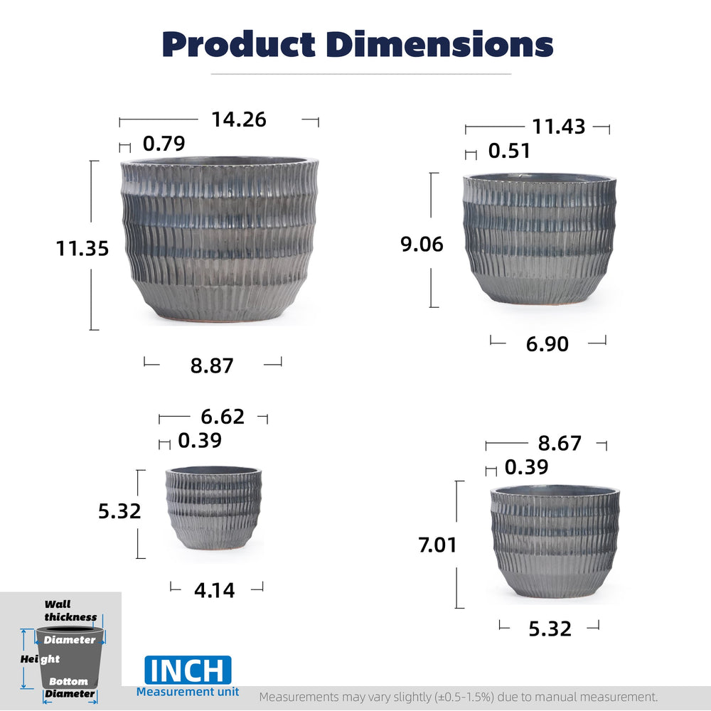 Handmade Matte Metallic Charcoal Gradient Glaze Ceramic Planter Set of 4, 7/9/12/14 Inch, Horizontal Grooves, Indoor & Outdoor Herb Succulent Pots, Breathable Clay with Drainage Holes Media 5