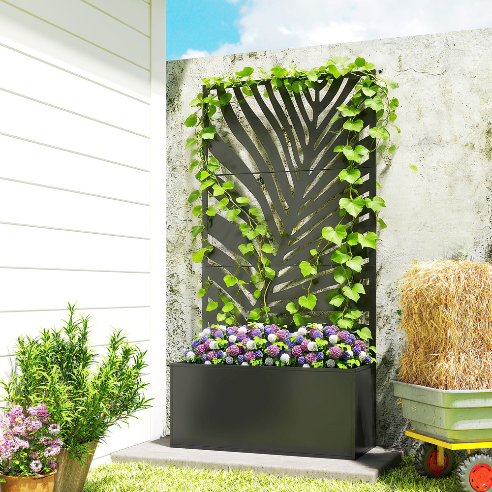 Outsunny Metal Planter Box with Trellis, Raised Garden Bed with Privacy Screen for Climbing Plants, Leaf Cut-Out Privacy Planter Media 10