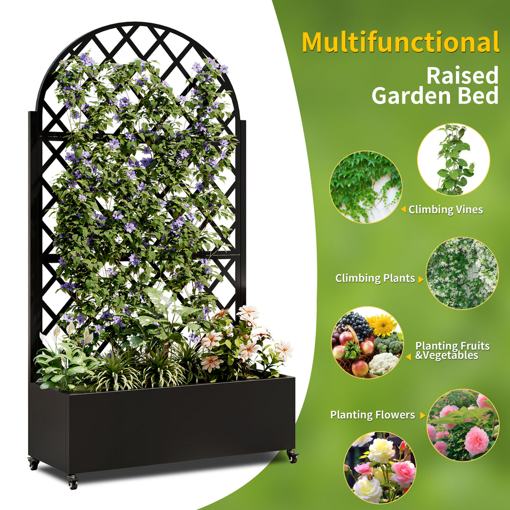 Round Metal Planter Box with Trellis, 73'x35'x16 Metal Raised Garden Bed with Trellis, Metal Planter Box with Drainage Holes & Lockable Wheels & Privacy Screen for Climbing Plants, Vegetables, Vines Media 3