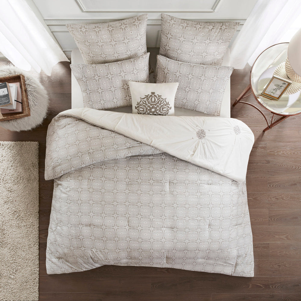6 Piece Embroidered Cotton Reversible Comforter Set Ivory King/Cal King Media 9