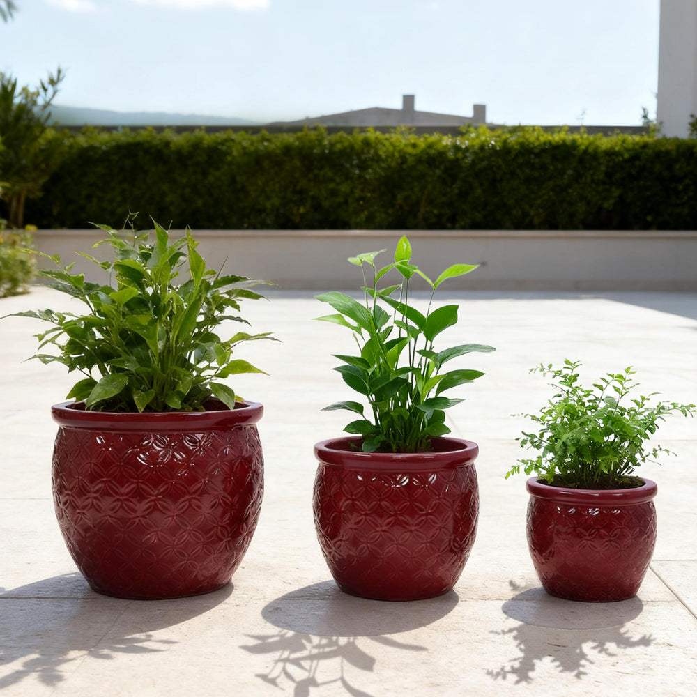 Handmade Ceramic Flower Pot Set of 3, 15/12/10 Inch Diameter, Deep Red with Floral Embossed Pattern, for Orchids Indoor/Outdoor Use on Windowsill & Bookshelf, Breathable Clay Media 2