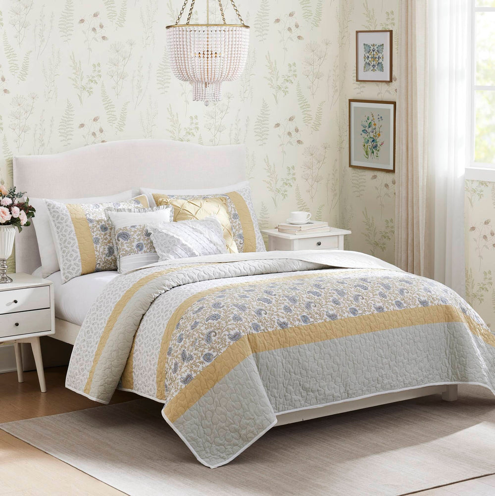 6 Piece Cotton Percale Quilt Set with Throw Pillows Yellow Full/Queen Media 1