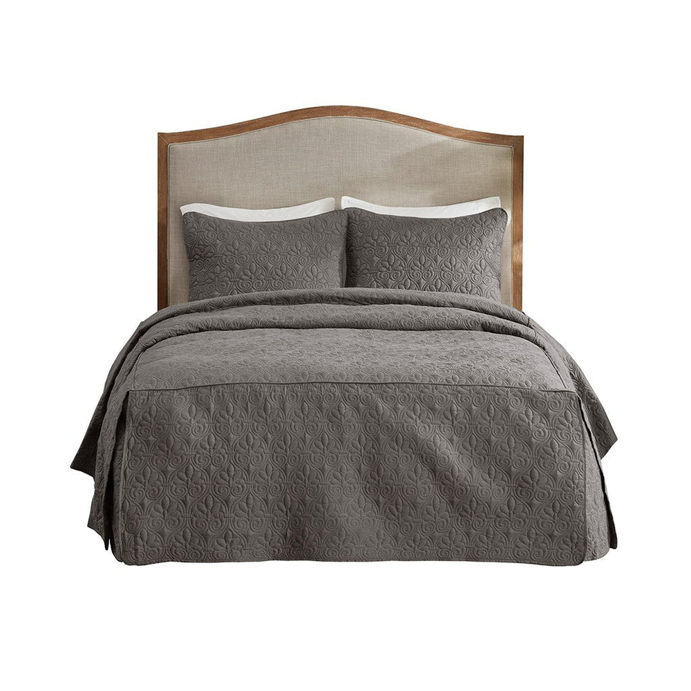 3 Piece Split Corner Pleated Quilted Bedspread Dark Grey Queen Media 3