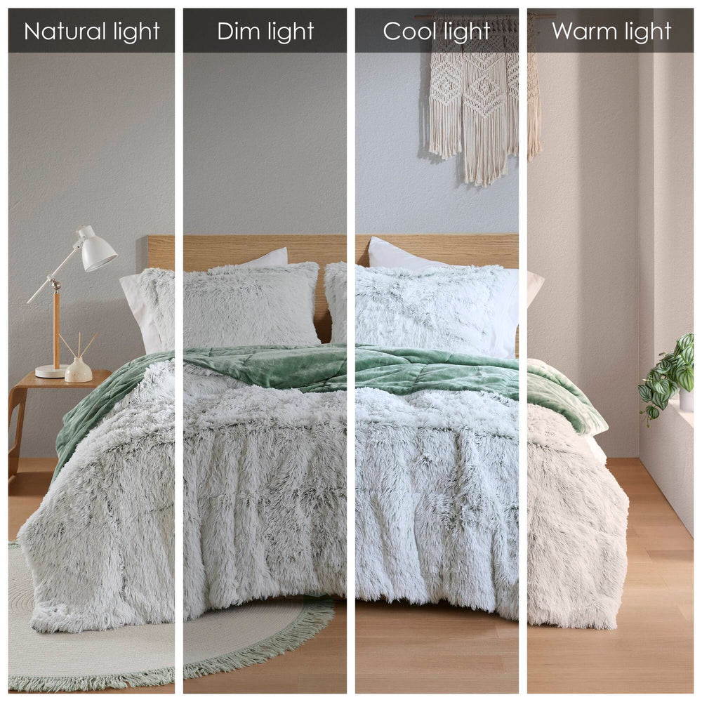 2 PCS Twin/Twin XL Shaggy Faux Fur Comforter Mini Set Green/White Media 14