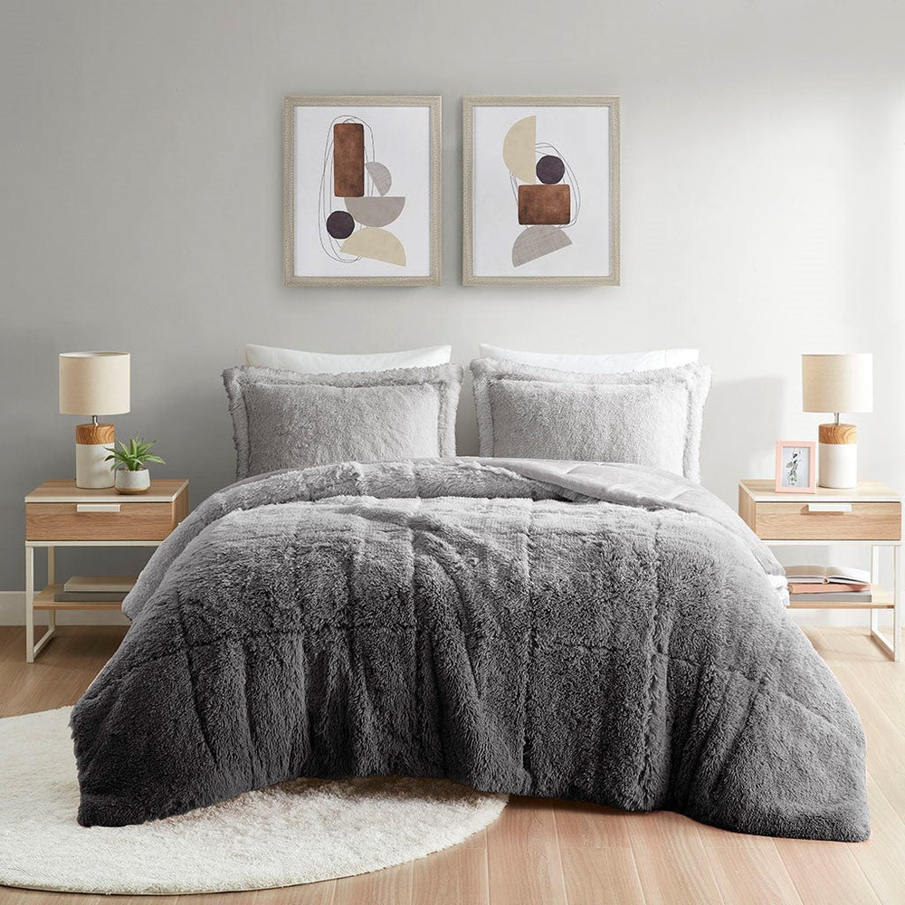 Full/Queen Ombre Shaggy Long Fur Comforter Mini Set Media 5