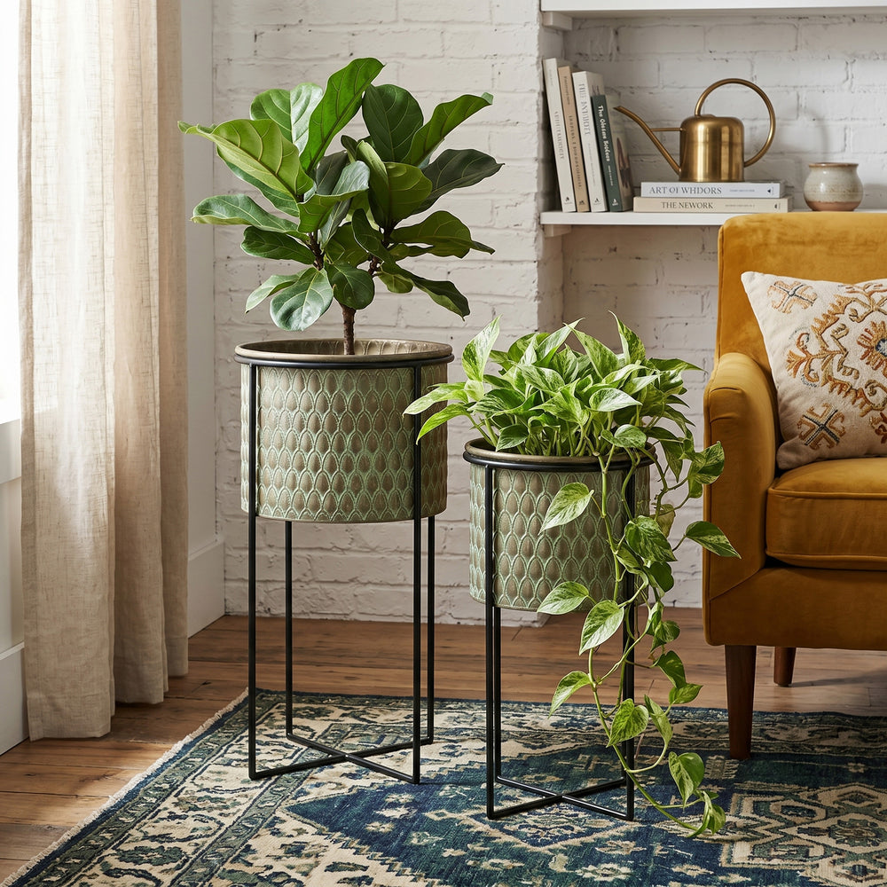 S/2 Textured Green Iron Planters with Sleek Black Stands Media 5