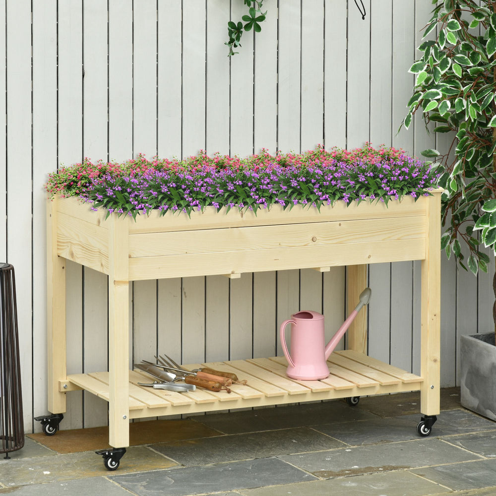Outsunny Raised Garden Bed with Lockable Wheels and Storage Shelf, Natural Wood, 47 x 22 x 33 Inches Media 2