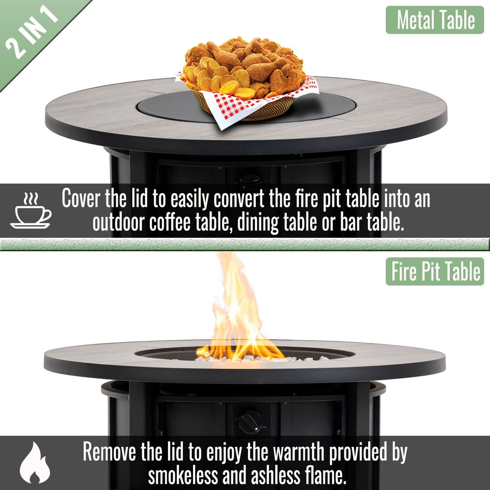 Propane Fire Pit Table Round Steel Wood Grain Ceramic Tabletop For Outdoor Patio & Backyard Entertaining Media 2