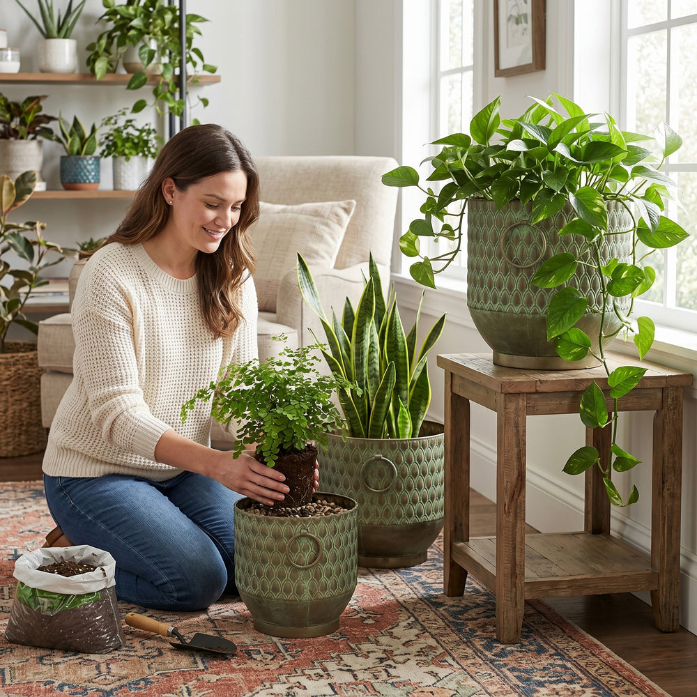 S/3 Textured Green Iron Planters with Tapered Bases Media 9
