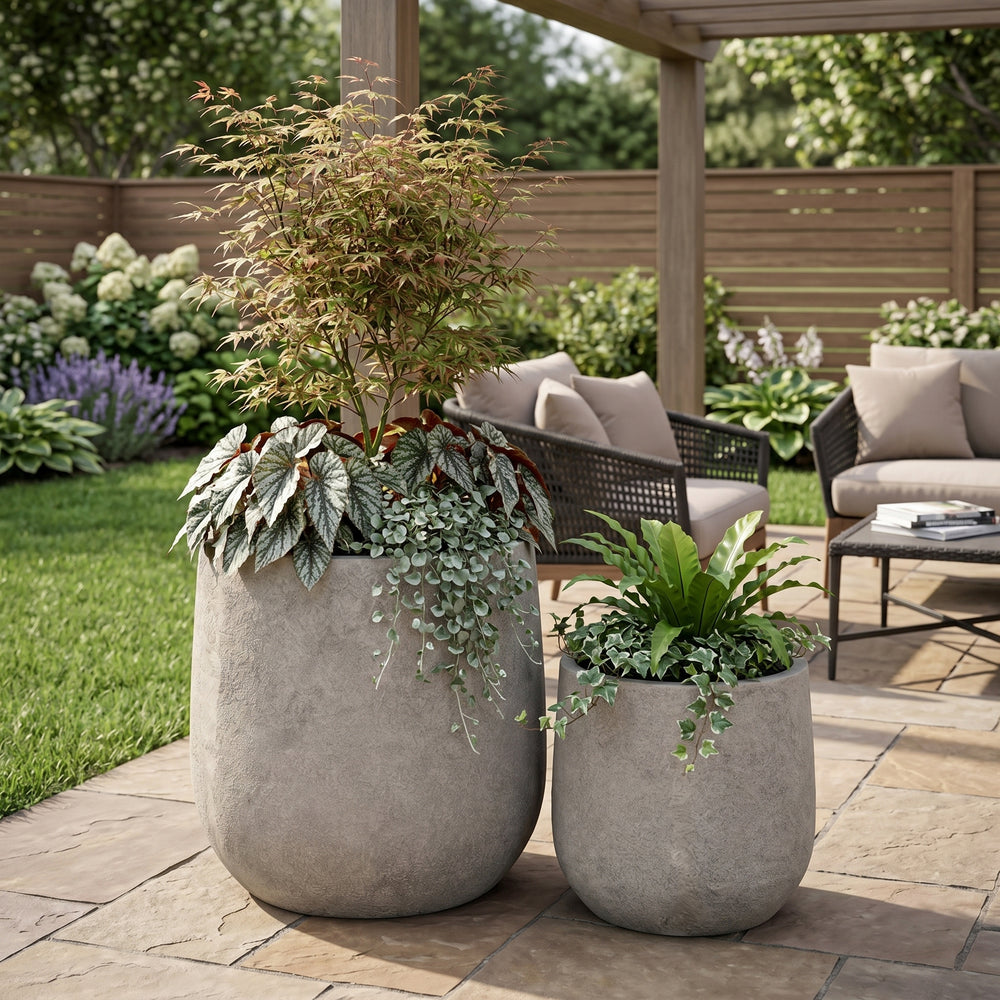 Round Concrete Planter Set of 2, Large Outdoor Indoor Handmade Rustic Decorative Planter Pots Containers with Drainage Holes for Home Garden Patio, 13' x 13' & 17' x 17' (antique grey) Media 1