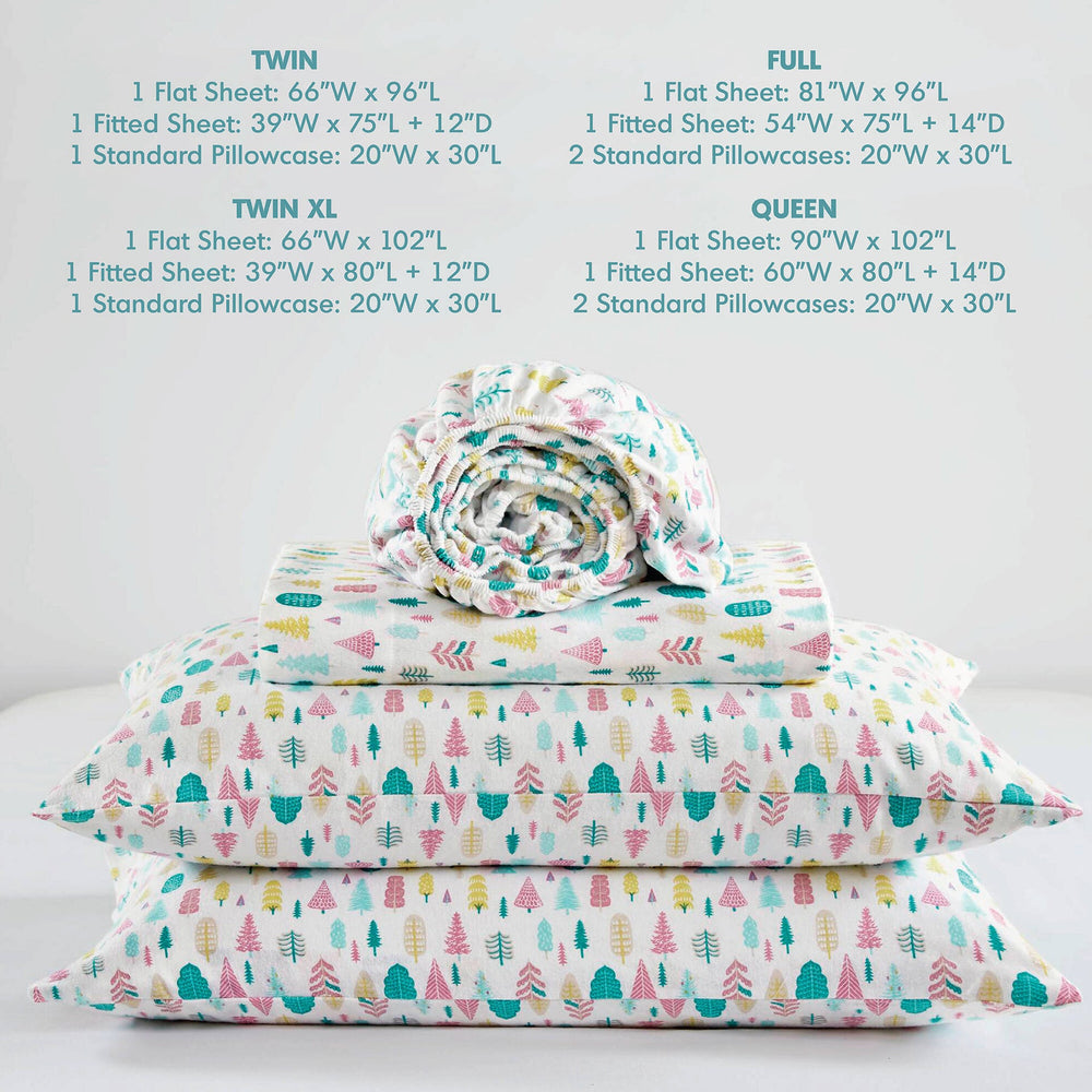 4 PCS Queen Cotton Printed Sheet Set White Holiday Trees Media 7