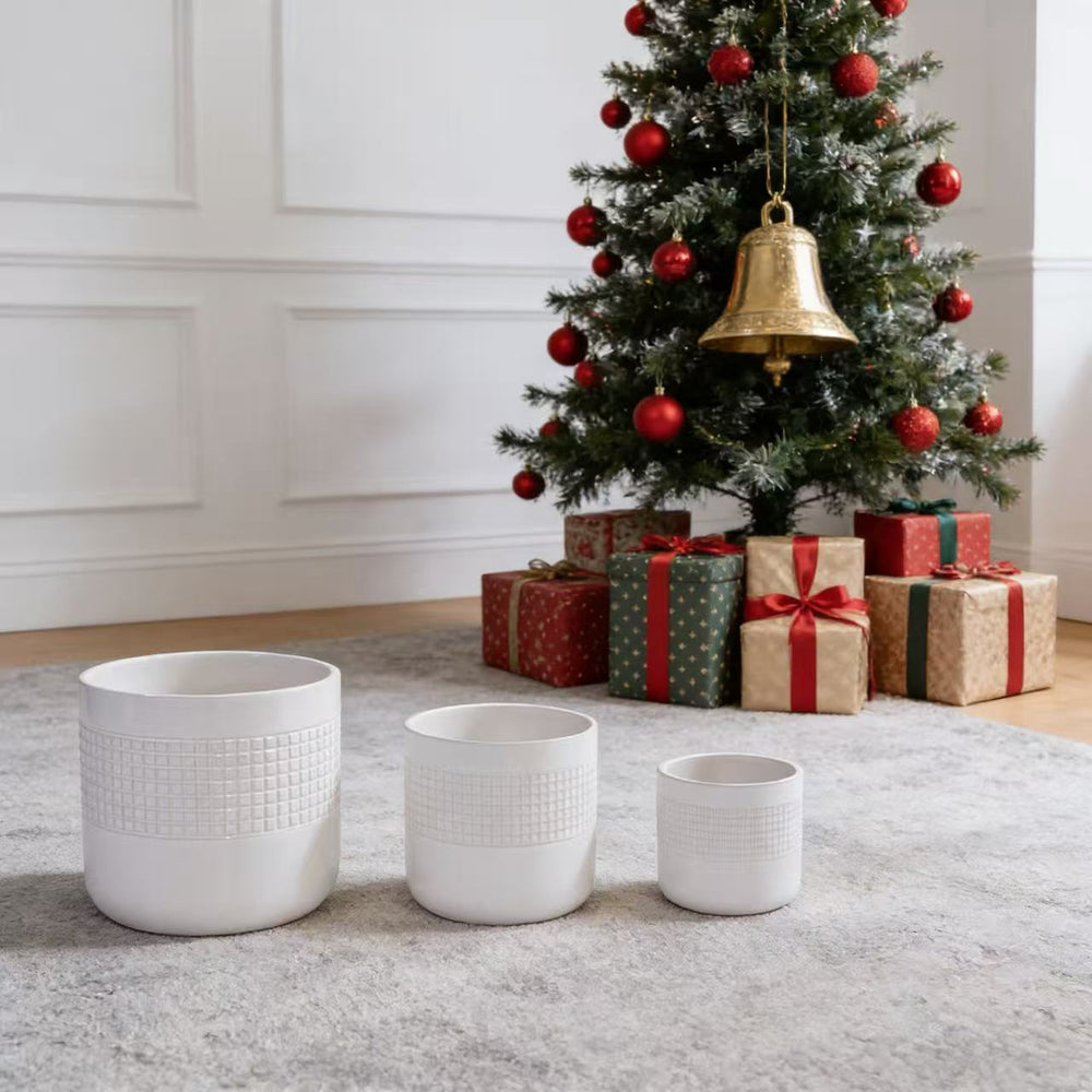 Handmade White Ceramic Planter Set of 3 (5.51' to 9.65'), Indoor & Outdoor Flower Pots for Succulents, Herbs by Window, Couchside - Breathable Textured Clay Media 1