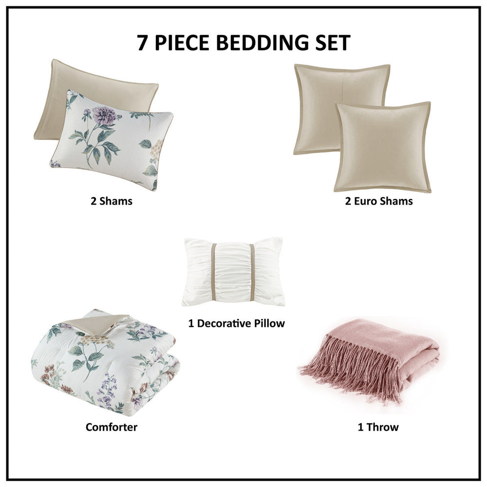 7 Piece Printed Seersucker Comforter Set with Throw Blanket Taupe/Blush Full/Queen Media 17