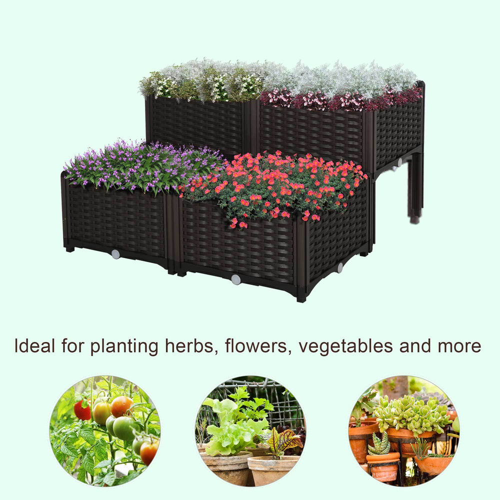 Outsunny 4 Piece Raised Garden Bed with Legs, Self-Watering Planter Box Raised Bed to Grow Flowers, Herbs & Vegetables, Brown Media 9