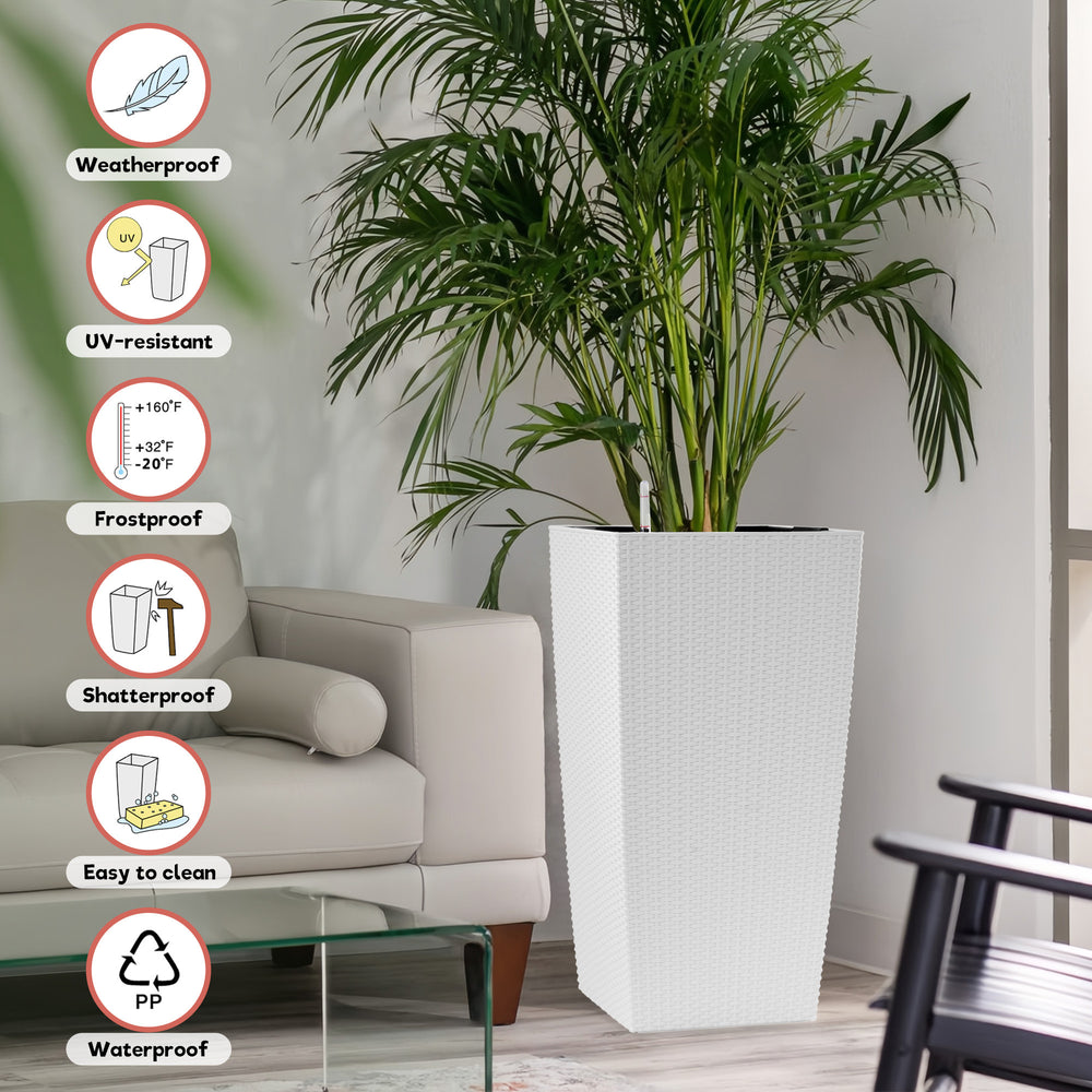 White Faux Rattan Self-Watering Flower Pot with Drainage Holes and Water Level Monitor, 30 in Tall Indoor Outdoor Planter for Garden Patio Porch Backyard Media 7