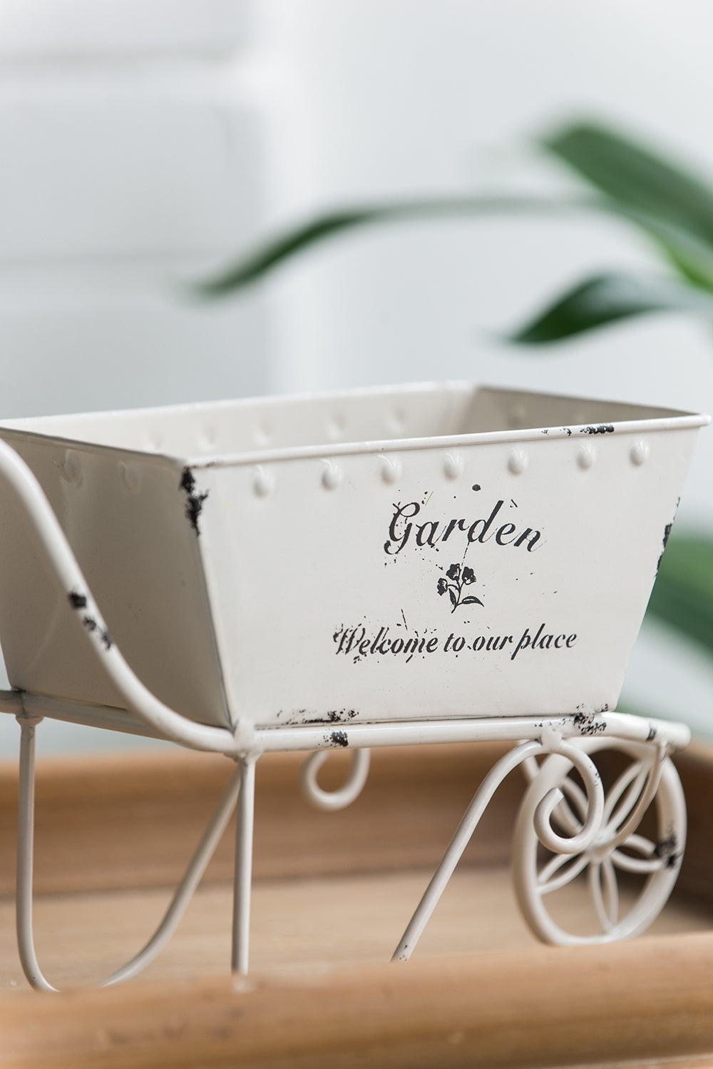 11.5x4x7' White Metal Decorative Disressed Wheelbarrow Planter, Tabletop Decor Media 12