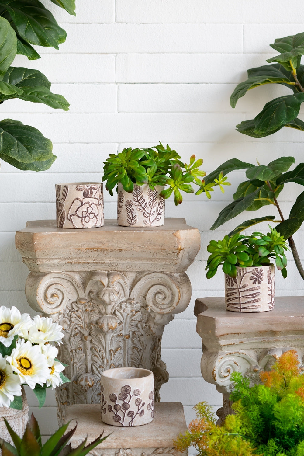 Set of 4 4.3x4.3x4' Gray Sand and Cement Planters with Brown Botanical Motifs Media 13