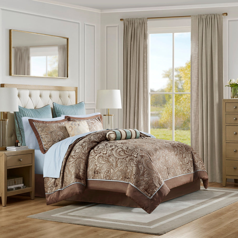 12 Piece Comforter Set with Cotton Bed Sheets Blue/Brown Queen Media 1