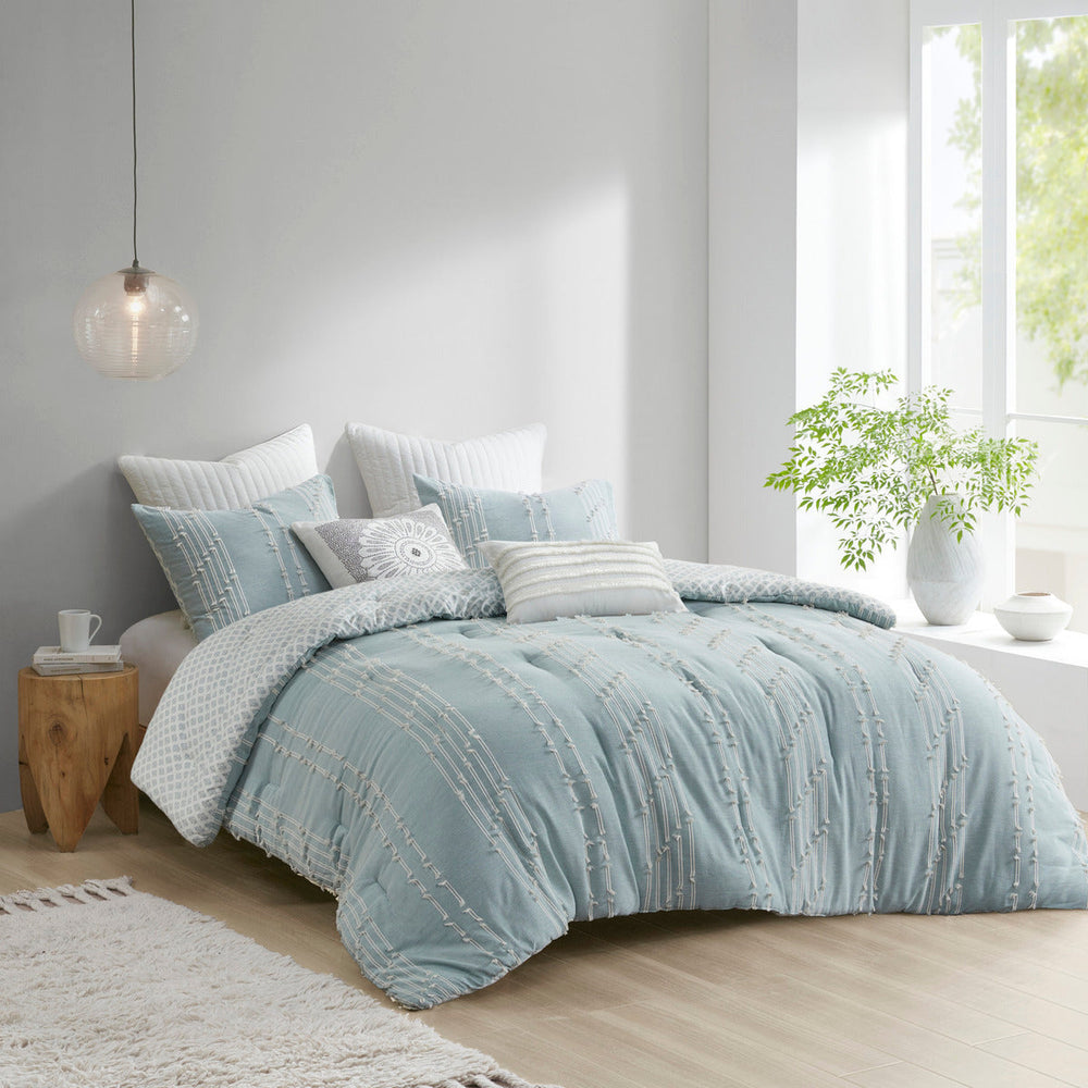 3 Piece Cotton Jacquard Comforter Set Aqua Full/Queen Media 1