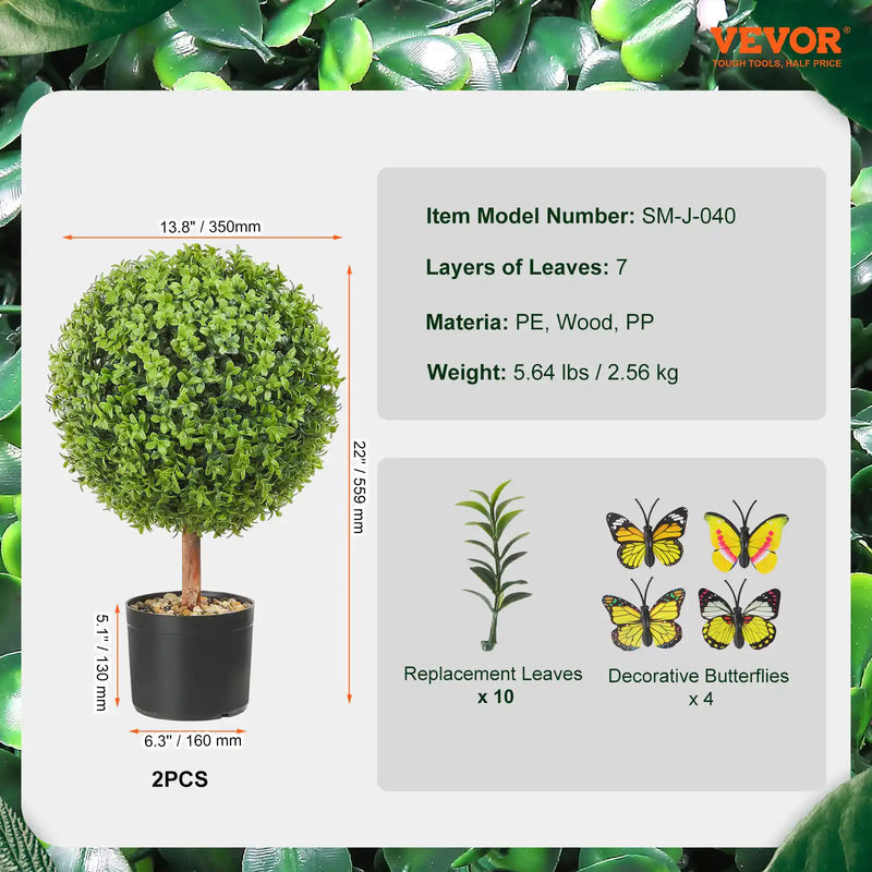 2x Artificial Boxwood Ball Ø40,6cm Garden Deco Boxwood in Flowerpot Ball Artificial Boxwood Ball Artificial Plant made of PE, Wood, PP incl. 4 pcs. Decorative butterflies and 10 pcs. Replacement