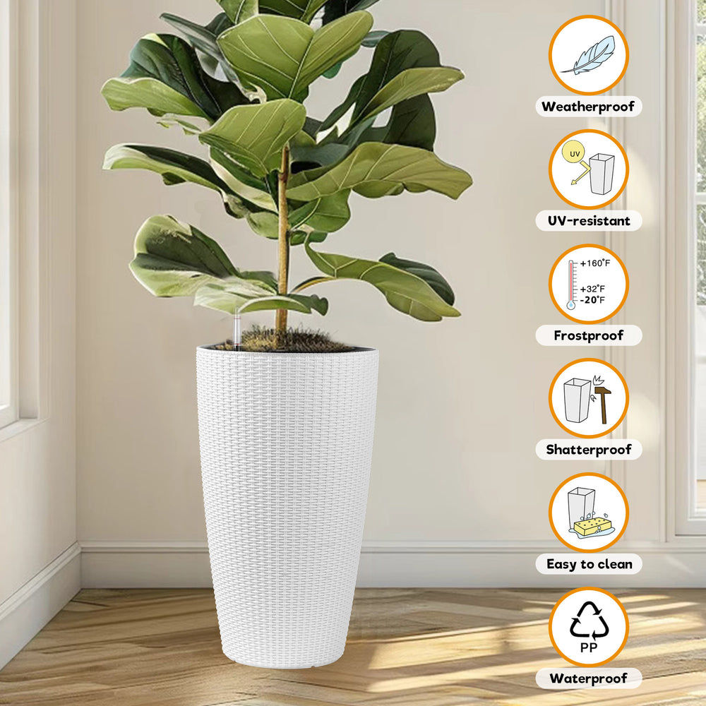 Faux Rattan Tall Planters Set with Water Level Monitor and Automatic Watering, White, Polypropylene, 22 Inch Media 8