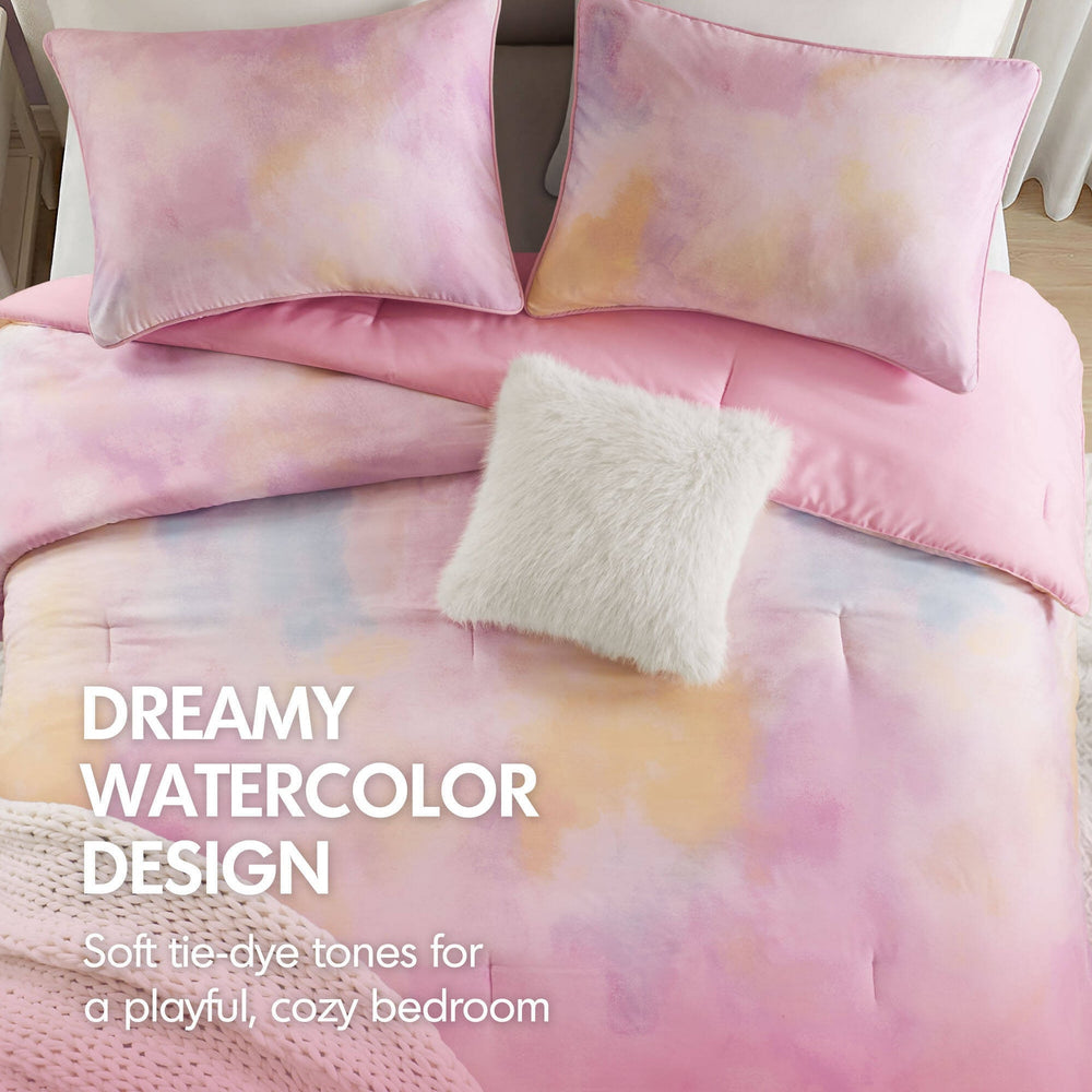 4 Pieces King/Cal King Watercolor Tie Dye Printed Comforter Set with Throw Pillow,Pink Media 11