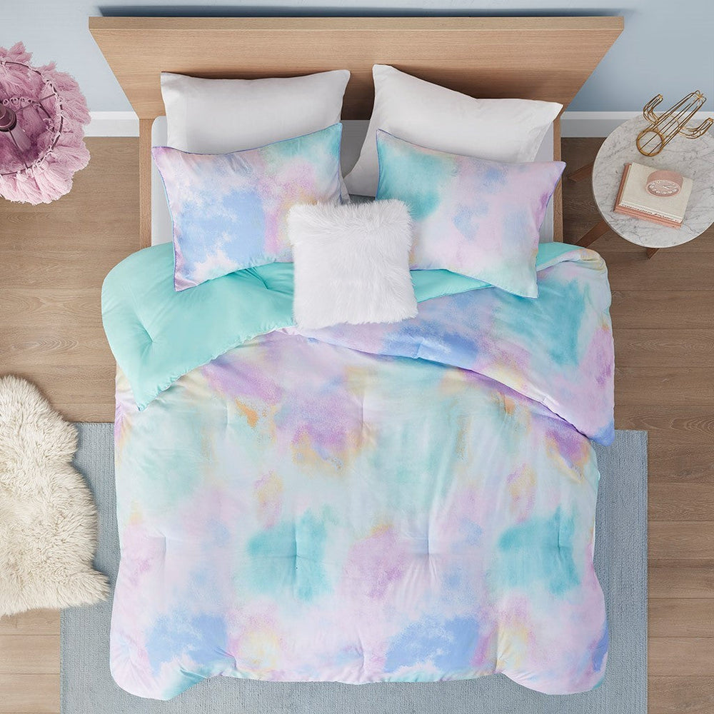 King/Cal King Watercolor Tie Dye Printed Comforter Set with Throw Pillow Media 14