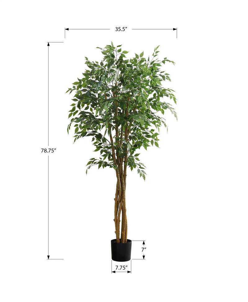 Artificial Plant, 79' Tall, Ficus Tree, Floor, Real Touch, Potted, Green Leaves, Black Pot