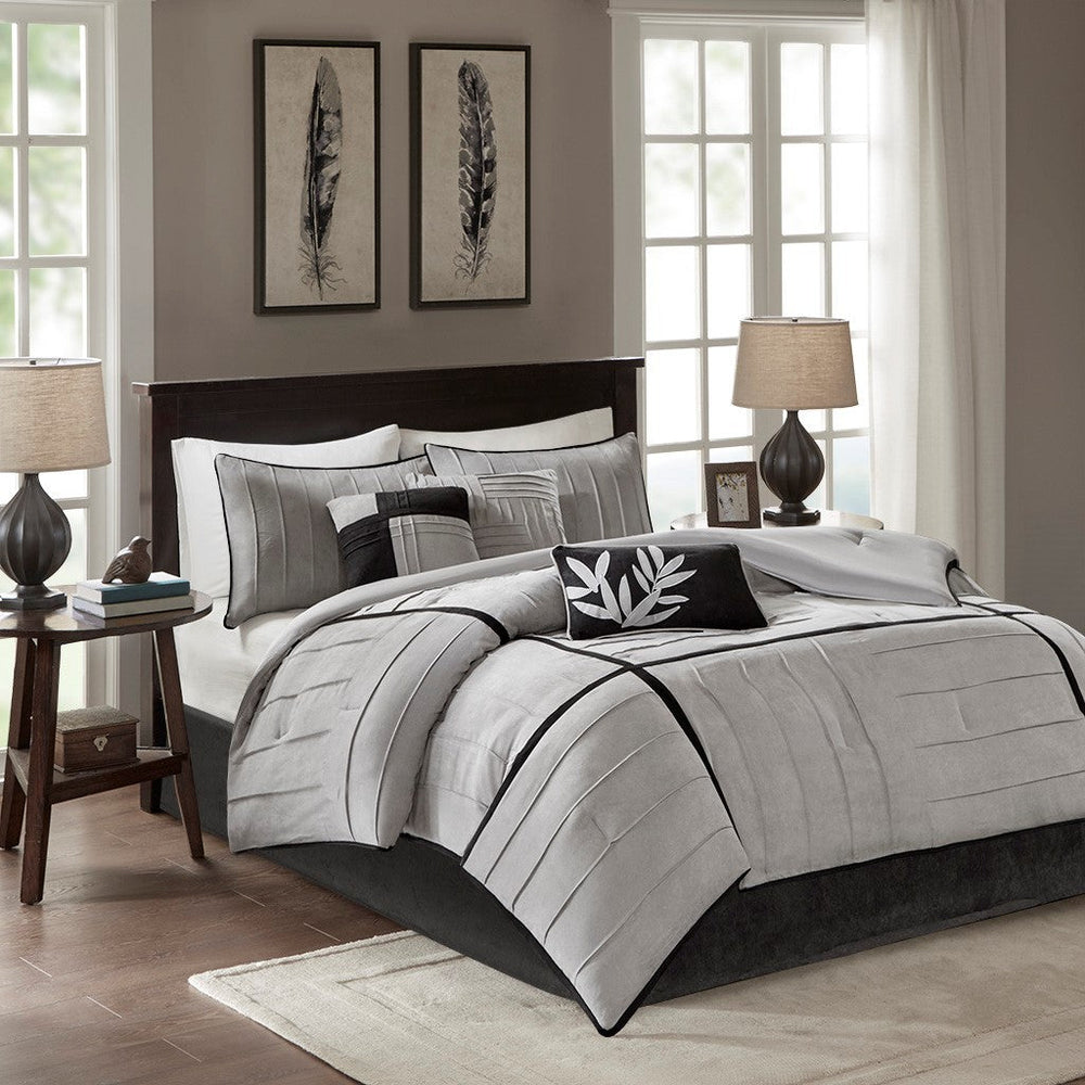 7 Piece Faux Suede Comforter Set Grey Cal King Media 1