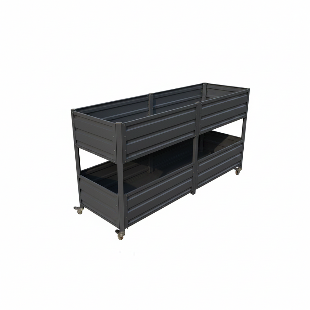 Dual Tier Elevated Metal Raised Garden Bed with Lockable Wheels, Staggered 2-Layer Raised Planter Box for Vegetables Herbs Flowers, Outdoor Patio Backyard Green Planting Bed,Grey Media 12