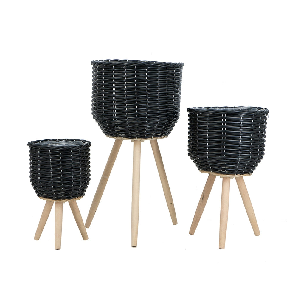 Set of 3 Black Poly Rattan Baskets with Rope Texture and Tapered Wooden Legs, L:12x12x23.5' M:10x10x17.5' S:8x8x13.5' Media 2