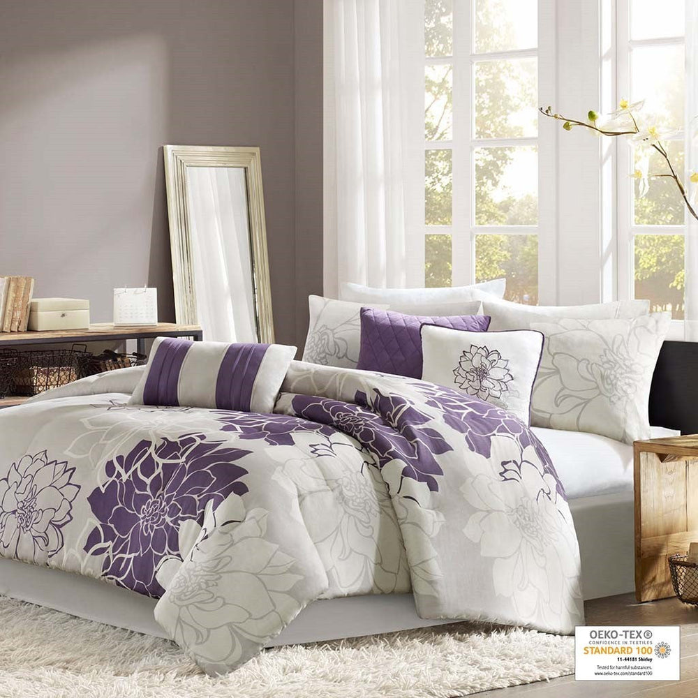 Printed Cotton Sateen Comforter Set Taupe Grey/Purple King Media 4