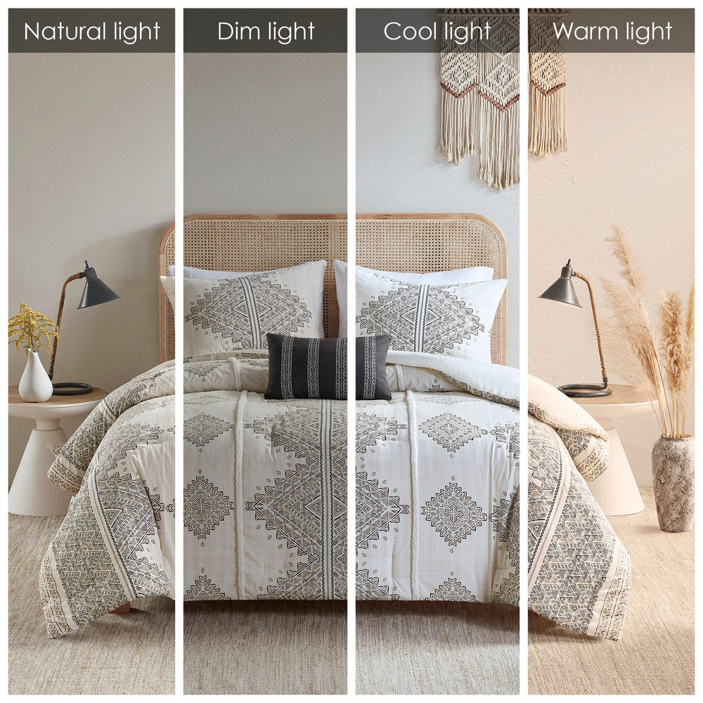 4 Piece Printed Comforter Set with Throw Pillow Black/Ivory King/Cal King Media 7