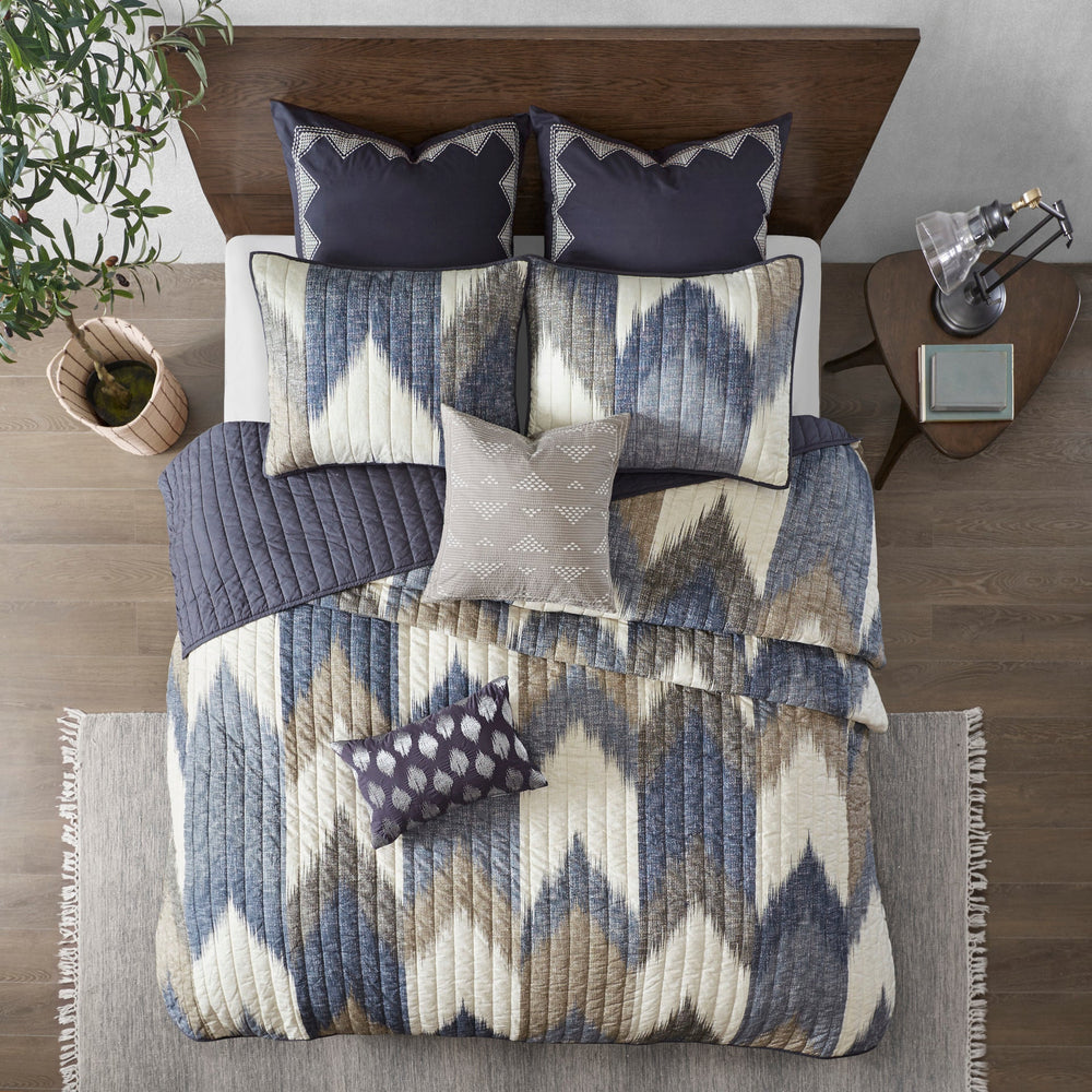 3 Piece Printed Cotton Quilt Set Navy Full/Queen Media 7
