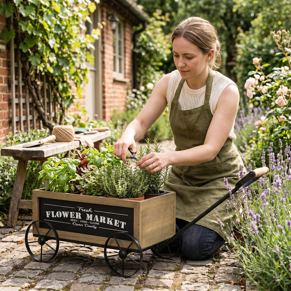 16.5x9.5x8' Rustic Wooden Wagon Planter with Black Iron Wheels and Handle Media 8