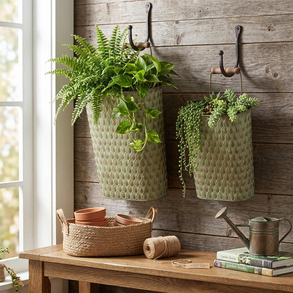 S/2 Textured Green Iron Hanging Planters with Arched Handles Media 8