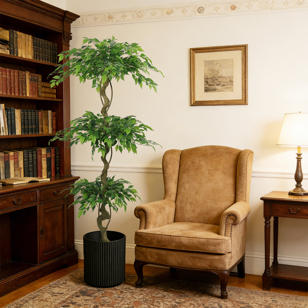 6FT Lifelike Artificial Ficus Tree with Black Pot for Home or Office Decor, Green Plastic Indoor Plant Media 9