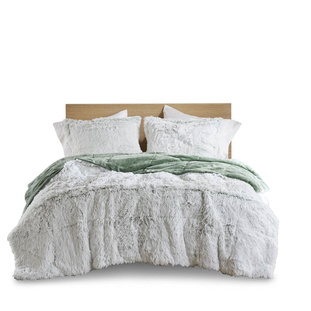 Faux Fur Comforter Set Shaggy King Cal King Green White Bedding for Bedroom 3 Piece Media 10