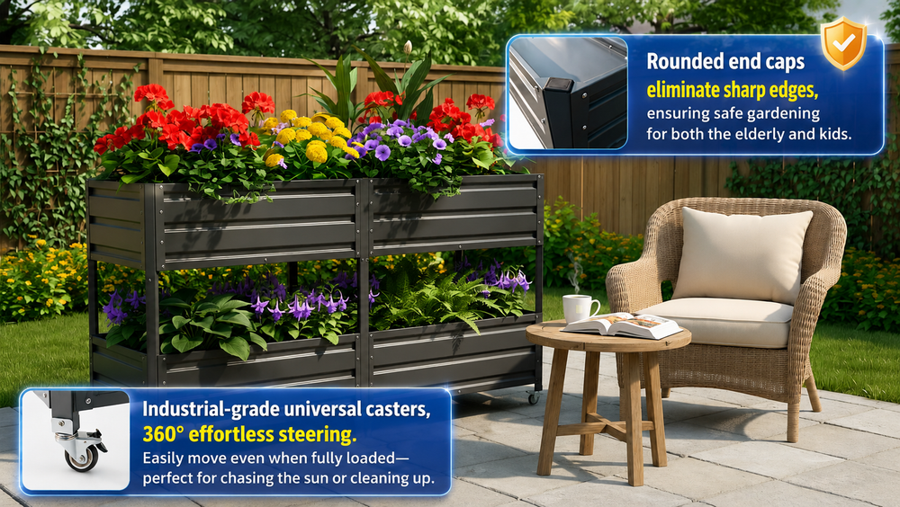 Dual Tier Elevated Metal Raised Garden Bed with Lockable Wheels, Staggered 2-Layer Raised Planter Box for Vegetables Herbs Flowers, Outdoor Patio Backyard Green Planting Bed,Grey Media 19