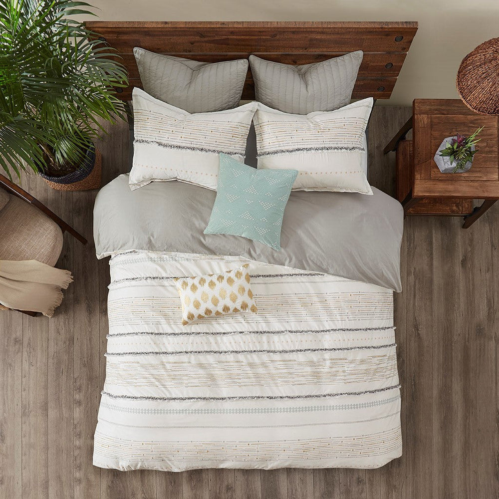 Cotton Printed Comforter Set with Trims Off White/Gray Full/Queen Media 2