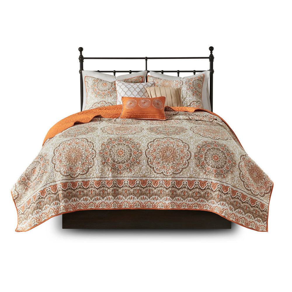 6 Piece Reversible Quilt Set with Throw Pillows Orange King/Cal King Media 13