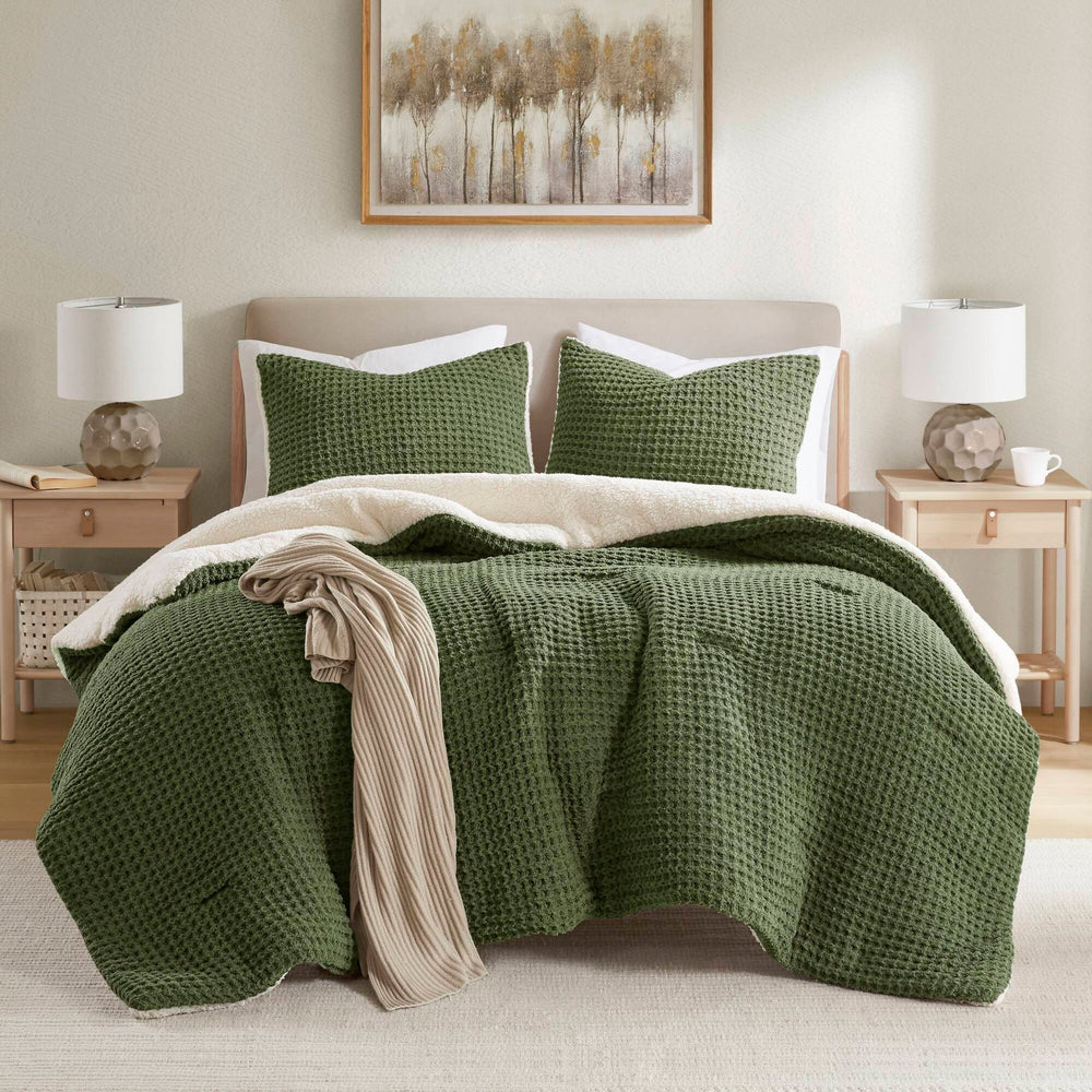 3 Pieces King/Cal King Waffle Knit Chenille Comforter Set,Olive Media 17