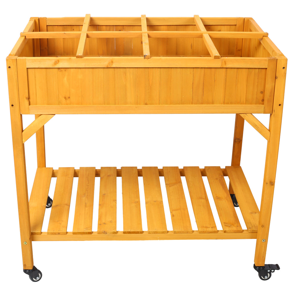 Elevated 8 Pocket Herb Garden Bed, Mobile Raised Customizable Wood Planter for Herbs, Vegetables, Flowers w/ Lockable Wheels, Storage Shelf, Drainage Holes Media 4
