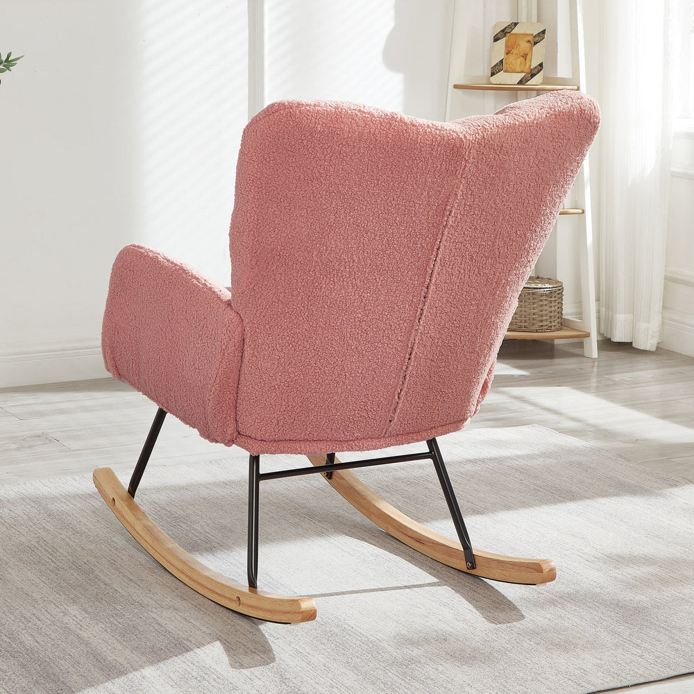 Glider Chair Teddy Fabric Pink With Sturdy Metal Frame For Living Room Comfort & Rocking Style Media 4