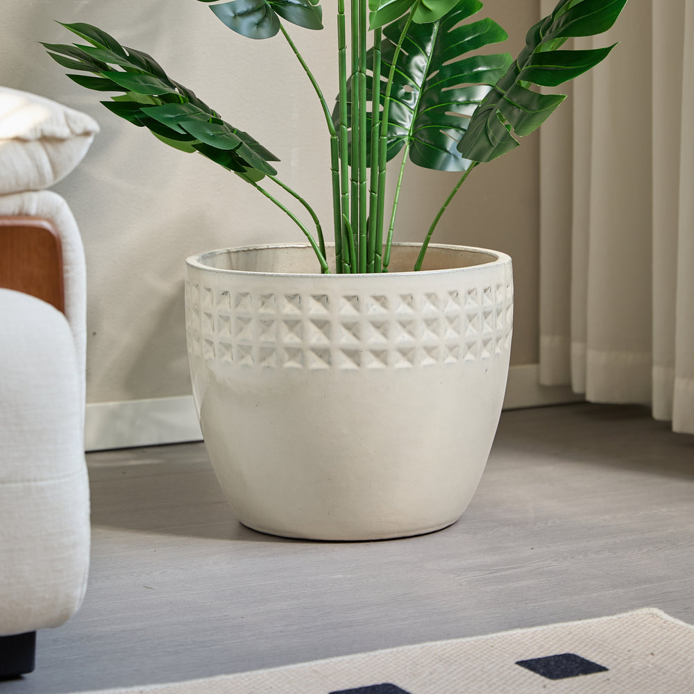Handmade Ceramic Flower Pot Set of 3, 15/12/9 Inch Diameter, White Diamond Pattern, for Succulents Indoor/Outdoor Use on Windowsill & Bookshelf, Breathable Clay Media 11