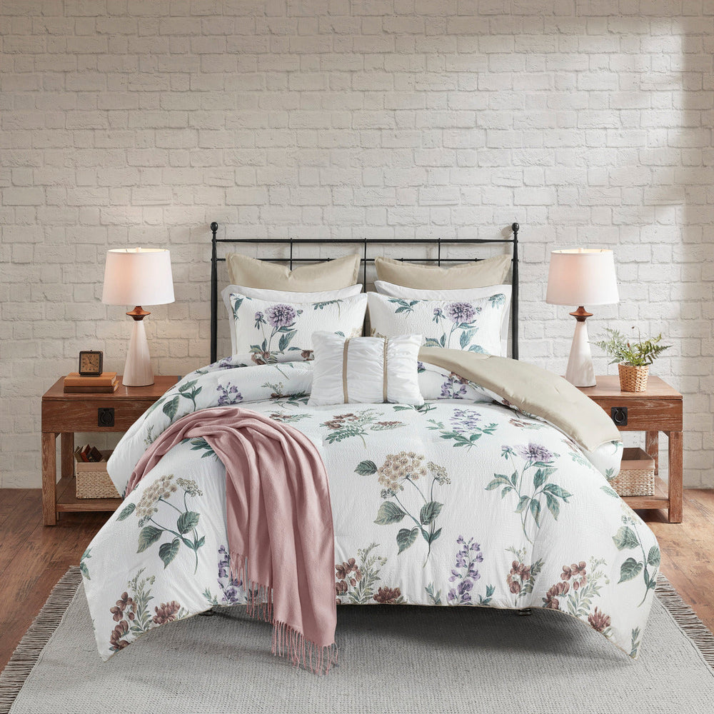 7 Piece Printed Seersucker Comforter Set with Throw Blanket Taupe/Blush King/Cal King Media 1