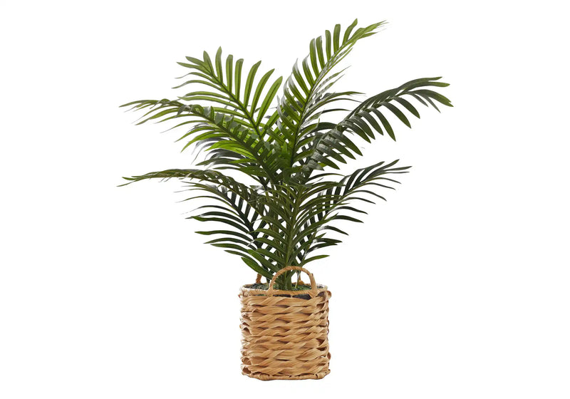 Artificial Plant, 24' Tall, Palm, Indoor, Faux, Fake, Table, Floor, Greenery, Potted, Real Touch, Decorative, Green Leaves, Beige Woven Basket